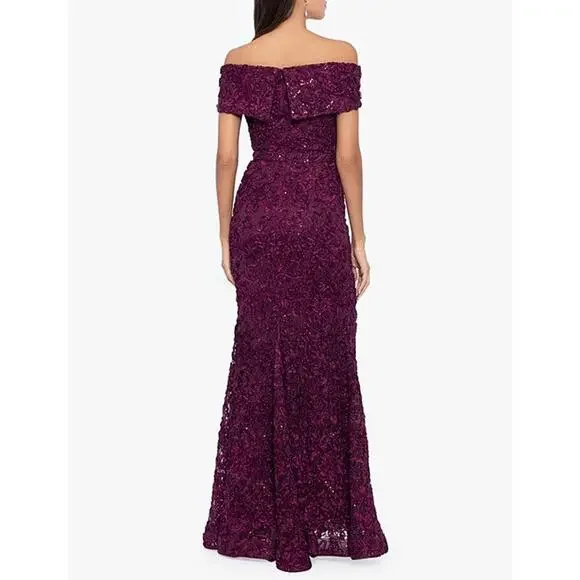 XSCAPE Embroidered Off-the-Shoulder Short Sleeve Lace A-line Gown